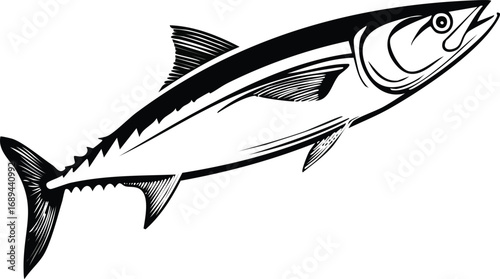Oceanic Majesty: A majestic, stylized tuna glides effortlessly through the depths, its sleek form captured in a striking black and white illustration, representing the beauty of marine life.