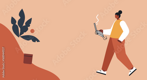 Modern individual walking confidently, working remotely on a laptop. Represents freelance, flexible work, and a connected lifestyle.