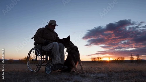 The silhouette of an elderly man in a wheelchair and his service dog, a german shepherd, watching the sunset together, a touching scene of companionship, loyalty, and hope