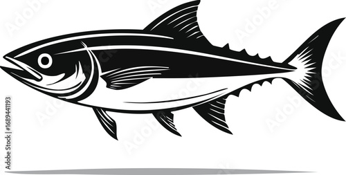 The Majestic Tuna Silhouette: A striking black and white image of a majestic tuna fish, its sleek form and powerful fins showcased in a minimalist design. 
