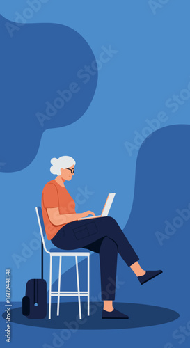 Engaged senior woman using a laptop, representing modern senior living, digital literacy, remote work, or connected travel. Emphasizes an active, independent lifestyle.