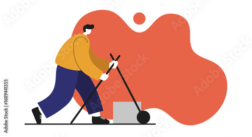 Illustration of a man actively pushing a delivery cart with a box, symbolizing logistics, shipping, hard work, and efficient service. Ideal for business and e-commerce themes.