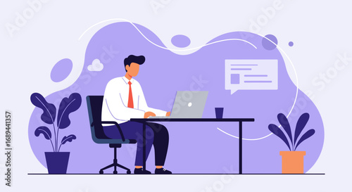 Professional man working on a laptop at a modern desk. Ideal for business, remote work, communication, online services, and productivity concepts.