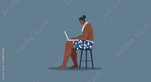 Man in tropical attire with lei working on laptop, embodying remote work and digital nomad lifestyle. Represents freedom, technology, and flexible business.