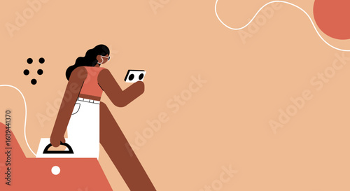 Stylish woman walks confidently, holding a briefcase and smartphone. Represents modern business, communication, and on-the-go lifestyle. Ideal for tech, career, or daily life concepts.