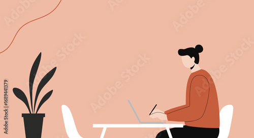 Focused woman working remotely on laptop at a modern home office desk, illustrating productivity, freelance work, and contemporary lifestyle.