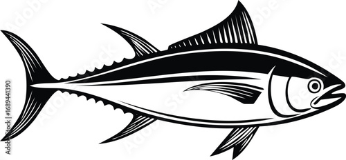Tuna Fish in monochrome art: A sleek tuna fish illustration, capturing its streamlined form in monochrome. 