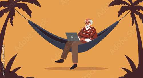 Senior man relaxes in a hammock between palm trees, using a laptop. Depicts remote work, retirement, digital nomad lifestyle, and leisure travel.