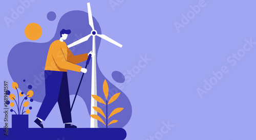 Man engaged with a wind turbine, symbolizing renewable energy, sustainable technology, and environmental responsibility. Ideal for business, green tech, and eco-friendly concepts.