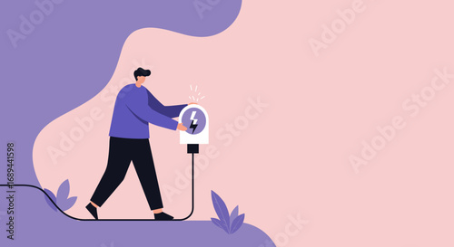 Modern illustration of a man holding a power charger with a lightning symbol, representing energy, innovation, and technological solutions. Ideal for business and lifestyle concepts.