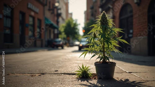 Cannabis legalisation represented through street cultivation and blooming pot flowers highlighting urban growth, public awareness, and cultural shift toward acceptance in a vibrant natural setting