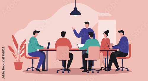 A diverse business team collaborates during a meeting, discussing ideas and working together in a modern office environment. Ideal for themes of teamwork, strategy, and corporate success.