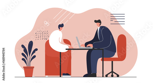 Two professionals collaborate at a desk with a laptop, representing business meetings, consultations, or client service in a modern office environment.