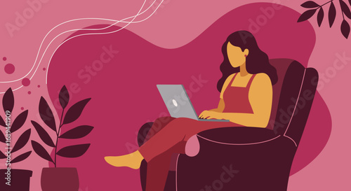 Woman working remotely on laptop from a comfortable armchair at home. Represents flexible work, online learning, and modern digital lifestyle.