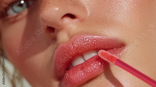 Cosmética de lujo: labios con brillo efecto espejo, Maquillaje de labios rojos: textura brillante y perfecta definición, Primer plano de labios con brillo intenso y aplicador de labial rojo glossy 