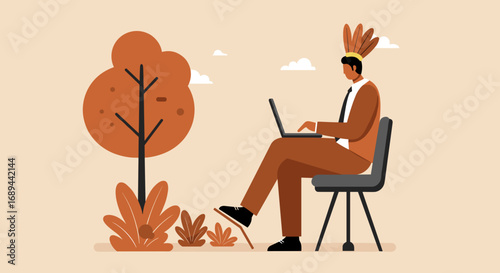 Professional wearing a headdress and suit uses a laptop in a natural setting, representing cultural integration in modern work and remote business.