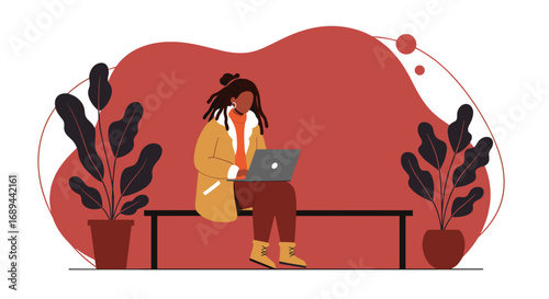 Stylish Black woman with dreadlocks working remotely on laptop, seated on a bench amidst indoor plants. Modern freelance lifestyle, education, or business concept.