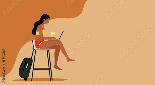 Young woman working on her laptop with a travel suitcase, symbolizing remote work, digital nomad, and a flexible, independent lifestyle.
