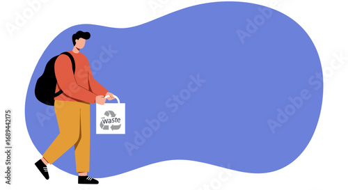 Young man committed to sustainability, carrying a recycling bag. Ideal for environmental awareness, eco-friendly campaigns, and responsible living.