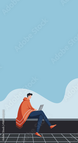 Young man casually working on a laptop outdoors, embodying remote work, digital nomad lifestyle, and freelance productivity. Ideal for business, technology, and travel concepts.