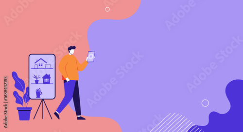 Man using a tablet to interact with a smart home application displayed on a large screen, illustrating modern digital living and property management.