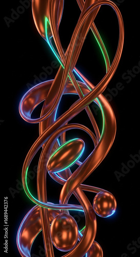 Abstract 3D Render: Copper Swirls with Neon Green and Blue Accents on Black