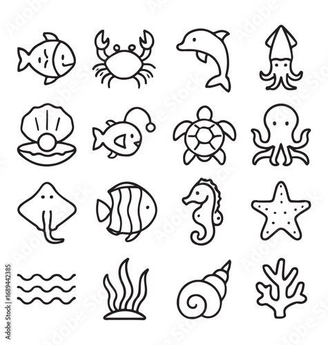 Collection of Sea Animal Icons Ocean Wildlife Marine Life Doodle Style Hand Drawn Vector Illustration Black and White Line Art