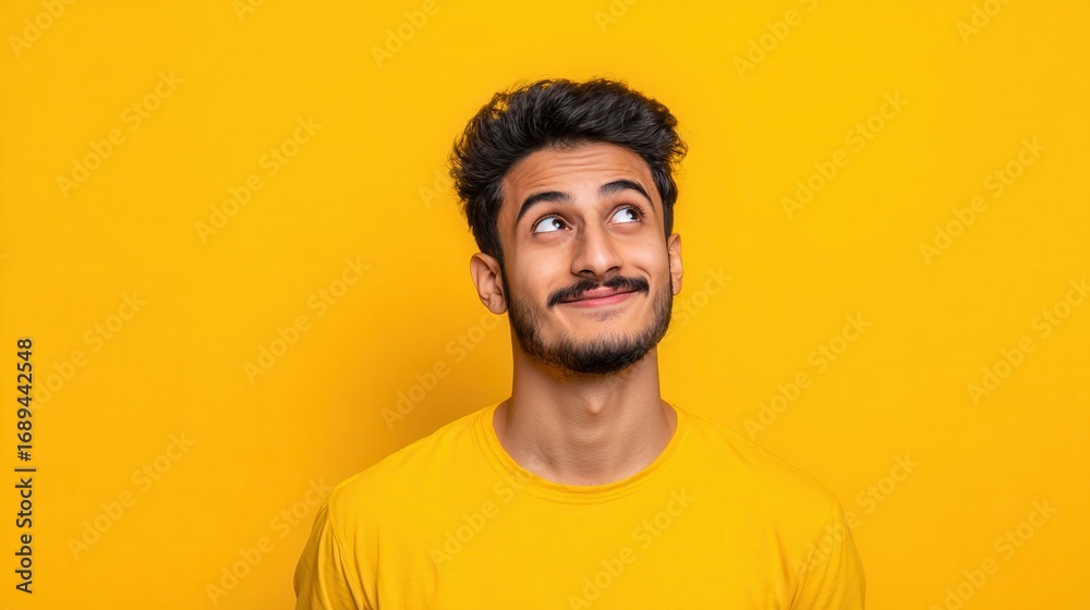 Fototapeta premium happy joyful smiling young indian man looking aside up thinking of new good opportunities dreaming feeling inspired and proud standing isolated on yellow background portrait no logos no brands ar 169