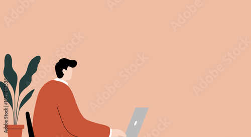 Man working on a laptop in a minimalist home office with a plant, representing remote work, productivity, and modern digital lifestyle concepts.