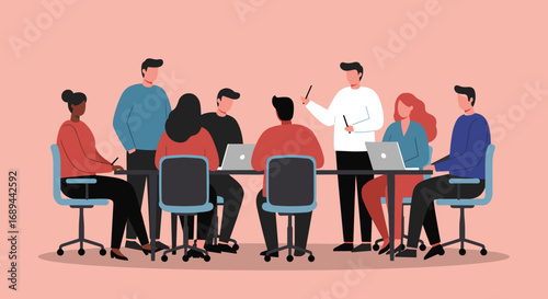 Diverse business team collaborating in a professional meeting, discussing strategies and ideas. Ideal for corporate communication, teamwork, and office environment concepts.