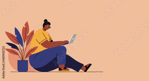 A stylized illustration of a person working remotely on a laptop while sitting casually on the floor next to a potted plant, representing modern flexible work or online learning.