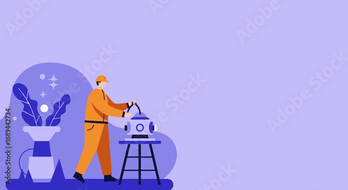 Professional technician in a hard hat and uniform operating industrial machinery. Represents concepts of manufacturing, maintenance, engineering, and technological work.