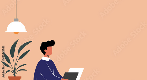Man working efficiently on a laptop in a modern home office setting, representing remote work, productivity, and online education.