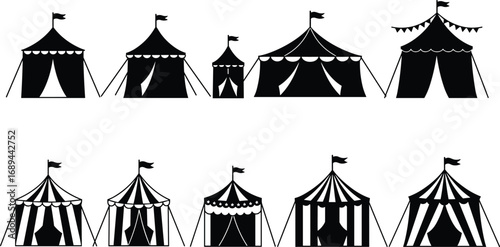 Circus tent silhouette collection, carnival marquee icons, festival tents vector, carnival event tents, striped and plain circus tents set