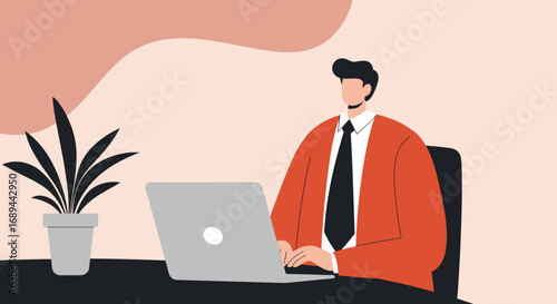 Professional man in a suit jacket working diligently on his laptop at a modern office desk with a plant. Ideal for business, remote work, or online education concepts.