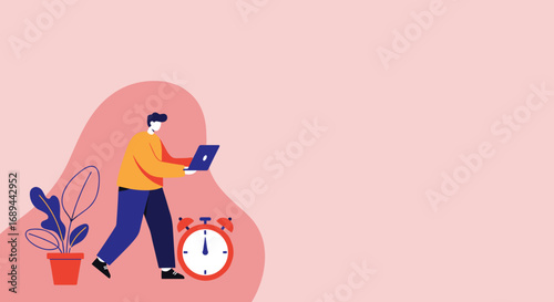 Man walking with a laptop, representing productivity, remote work, and time management against a pastel background with an alarm clock and plant. Ideal for business, technology, or lifestyle concepts.