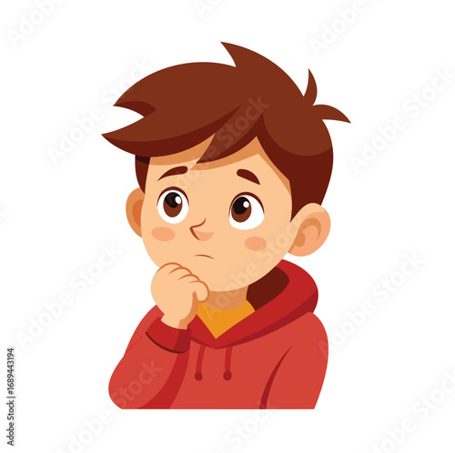 Thoughtful Young Boy Vector Illustration on White Background.
