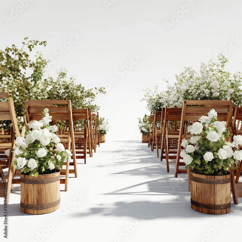 Elegant outdoor wedding setup with wooden chairs and white floral arrangements creating romantic ambiance and celebration