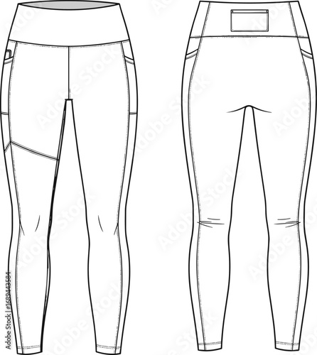 High waist gym leggings CAD flat sketch, fashion technical drawing, front and back view, vector illustration, activewear, apparel design