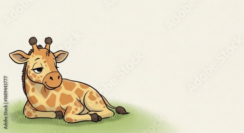 An adorable cartoon giraffe with a sleepy expression is resting peacefully on the green grass, perfect for children's designs and animal themes