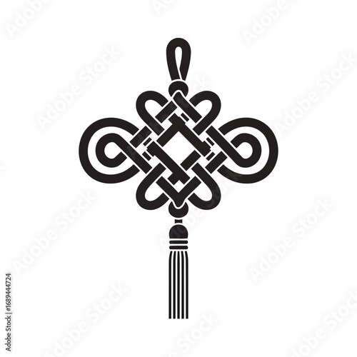 A black and white illustration of a traditional Chinese knot with a tassel hanging from the bottom.
