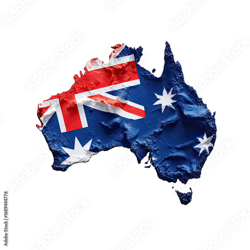A textured map of Australia, draped with its national flag