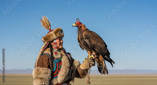 Kazakh eagle huntress holding her golden eagle in the steppe of western mongolia