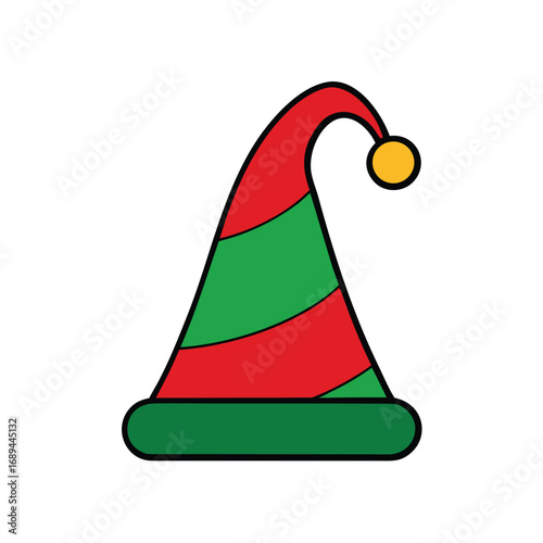 Christmas Elf Hat with Red and Green Stripes Holiday Design Vector illustration.
