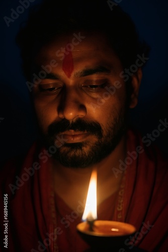 Close up of Hindu devotee with red tilak on forehead holding oil lamp flame during midnight Kali Puja ritual, low light spiritual portrait