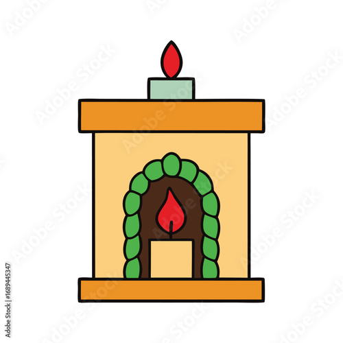 Cozy Christmas Fireplace with Wreath and Candle Holiday Scene Vector illustration.
