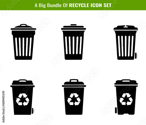 Recycle Bin Icon Set in Black Silhouette Style for Environmental Awareness Projects silhouette