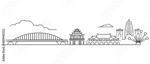 Hanoi Line Art skyline. Travel Hanoi famous landmarks. Business and tourism concept for presentation, banner, web site. with white background