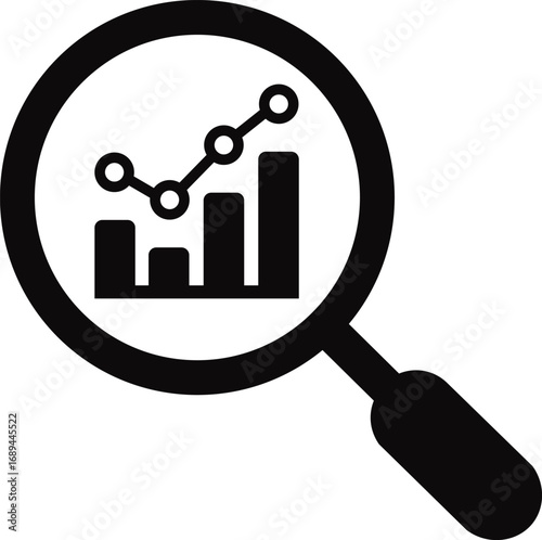 Magnifying glass icon over a bar chart and upward trending line graph, symbolizing data analysis, business intelligence, and market research