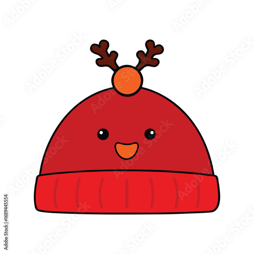 Cute Red Christmas Beanie Hat with Reindeer Face and Antlers Vector illustration